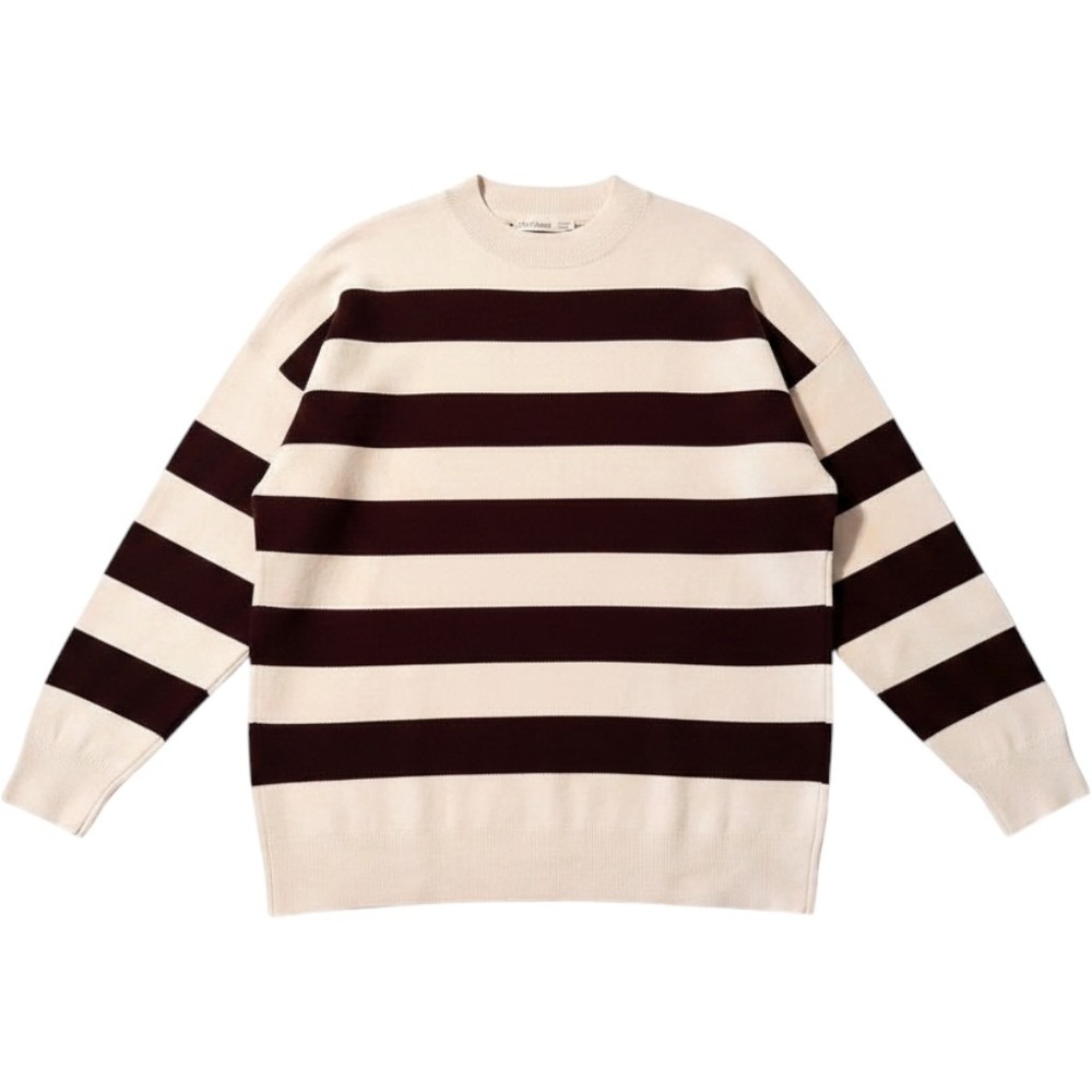Mango MNG Striped Knit‎ Sweater Size M Cream Brown Oversized Nautical Parisian